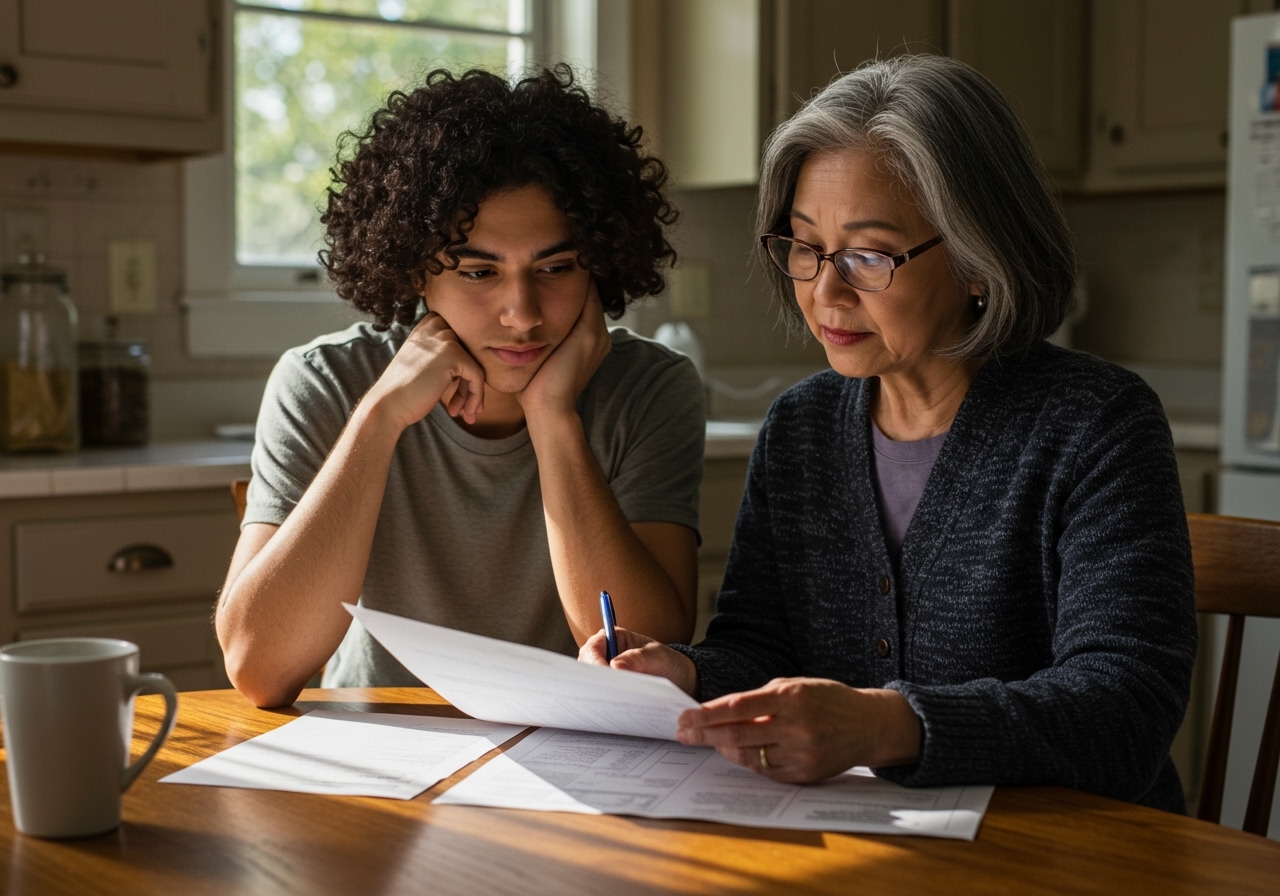 Young adult and trusted supporter review paperwork at kitchen table.
